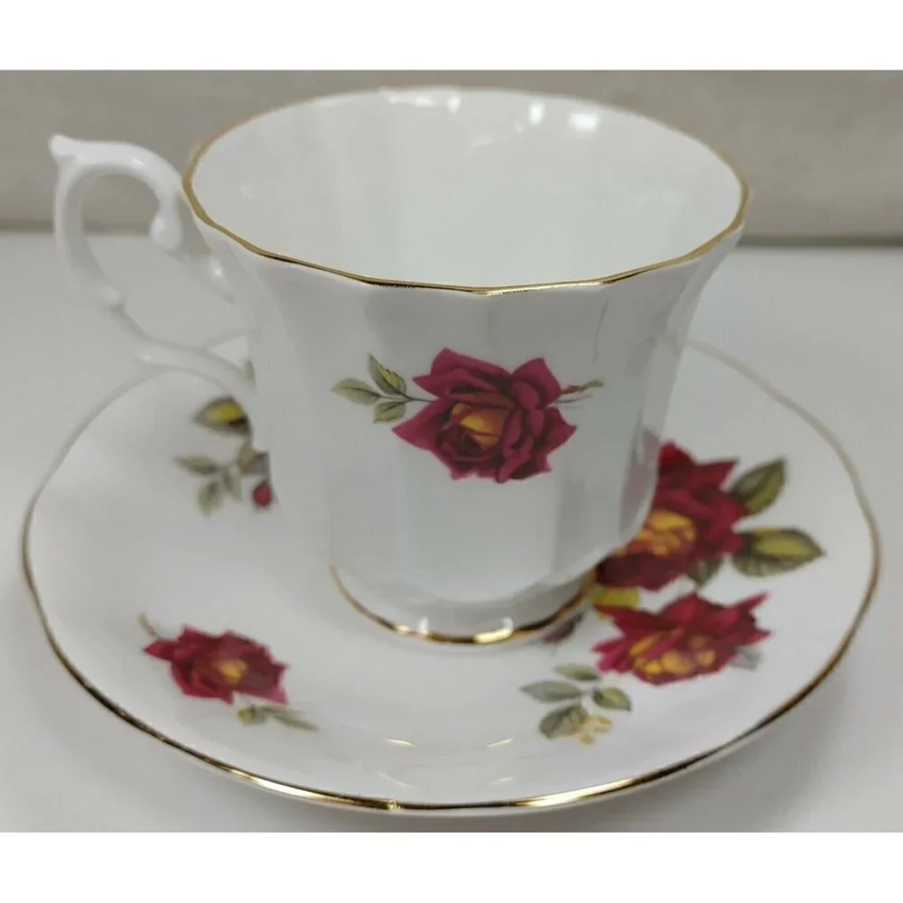 Clare Bone China White Floral Victorian Gold Rim Tea Cup And Saucer Set